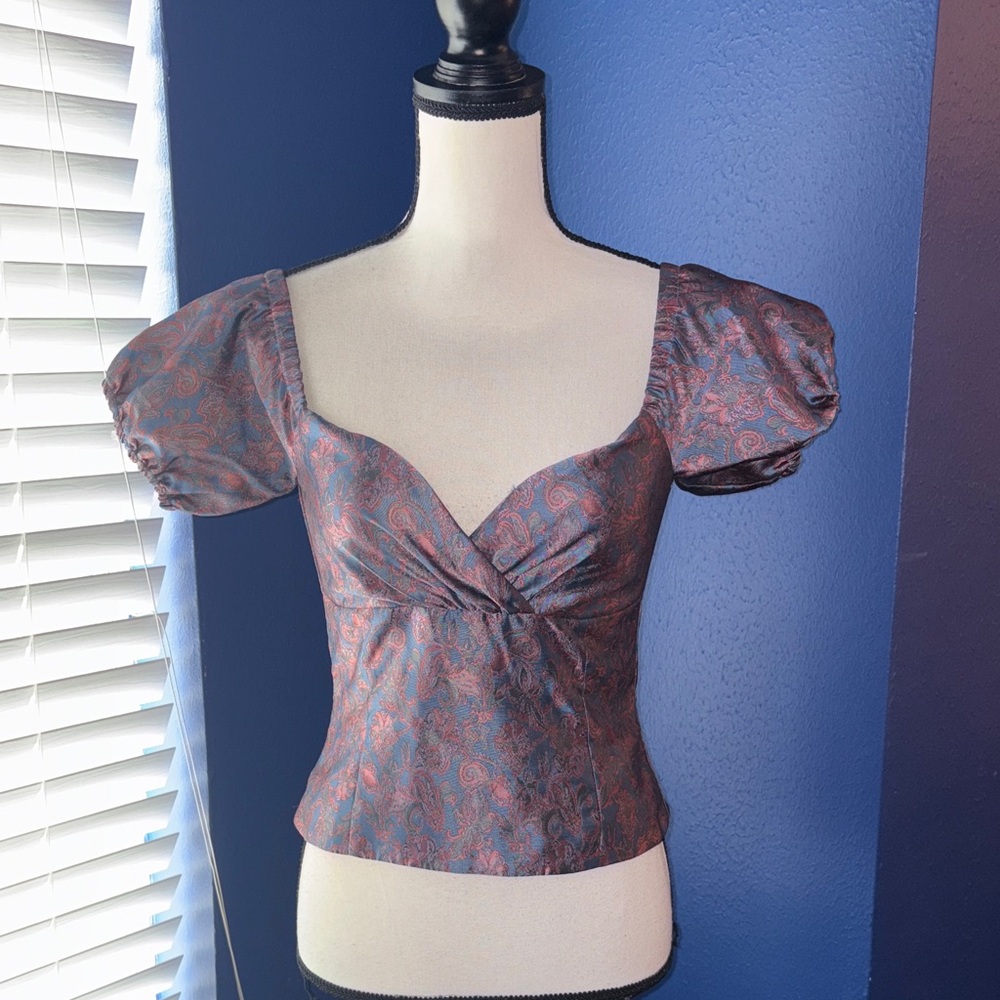 Majorelle Jo Floral Paisley Jacquard Puff Sleeve Corset Top – Size S – EUC